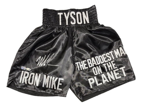 Mike Tyson Signed Custom Black Baddest Man Boxing Trunks JSA QR Hologram