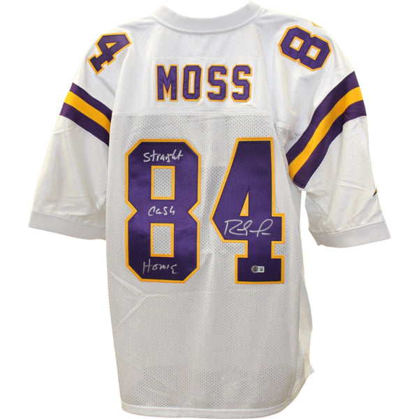 Randy Moss Signed Minnesota Vikings M&N sz 52 00 White Jersey Insc Beckett 50866