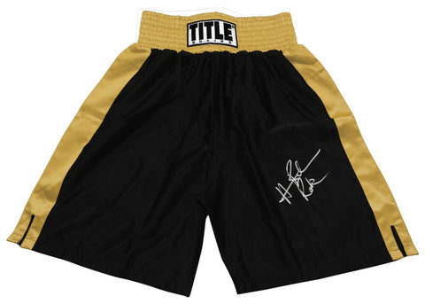 Hasim Rahman Signed Title Black & Gold Boxing Trunks w/Rock - (SCHWARTZ COA)