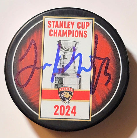 Sam Reinhart Signed Florida Panthers 2024 Stanley Cup Champions Banner Puck BAS
