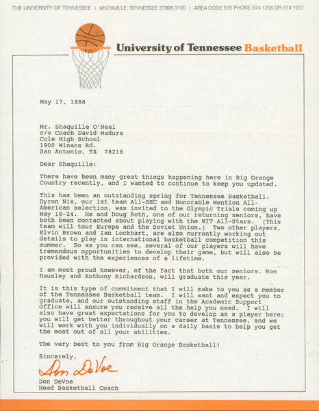 1988 University of Tennessee Shaquille O'Neal Recruitment Letter