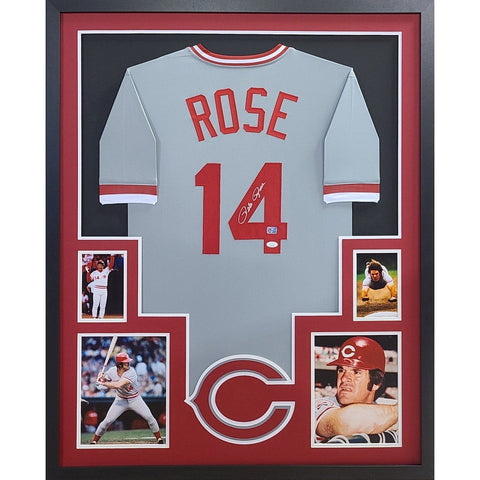 Pete Rose Autographed Signed Framed Grey Cincinnati Reds Jersey JSA