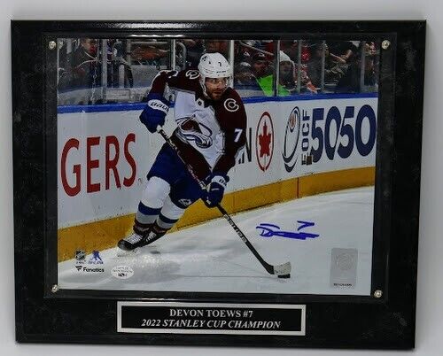 Devon Toews Autographed Colorado Avalanche White Jersey 8X10 Photo With Plaque