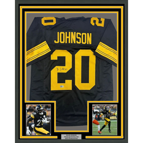 Framed Signed Kaleb Johnson 35x39 Pittsburgh Color Rush Jersey Beckett COA