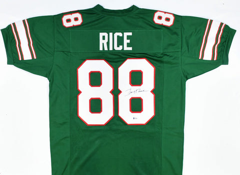 Jerry Rice Autographed Green College Style Jersey - Beckett *Black