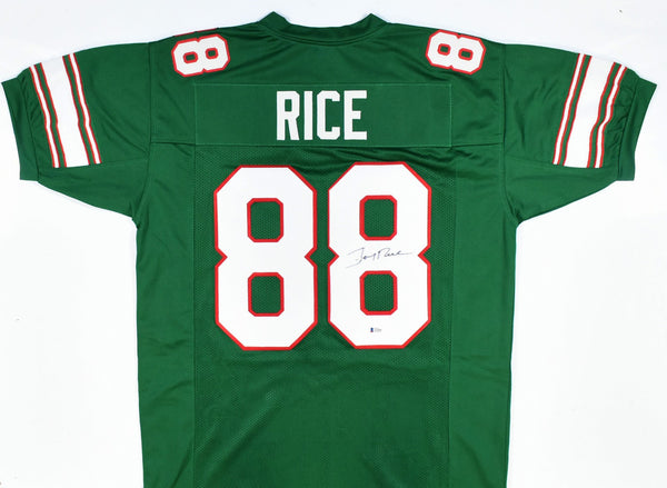 Jerry Rice Autographed Green College Style Jersey - Beckett *Black