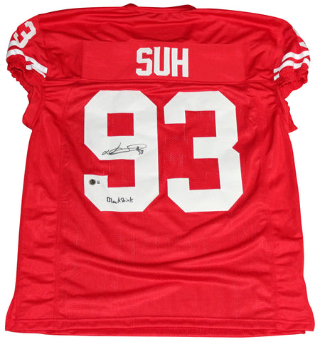 NDAMUKONG SUH SIGNED NEBRASKA CORNHUSKERS #93 RED GAME CUT JERSEY W/ BLACKSHIRTS