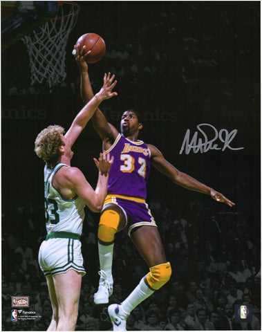 Magic Johnson Lakers Signed 11x14 Dunk vs. Larry Bird Spotlight Photograph
