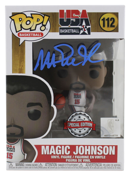 Lakers Magic Johnson Signed USA #112 Funko Pop Vinyl Figure w/ Blue Sig BAS Wit