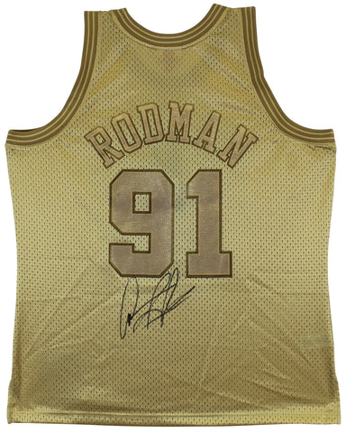 Bulls Dennis Rodman Authentic Signed Gold M&N HWC Swingman Jersey BAS Witnessed