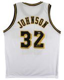 Magic Johnson Signed White Pro Style Jersey w/ Black Numbers BAS Witnessed 2