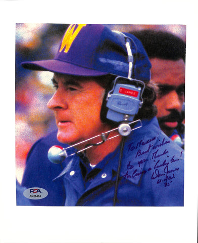 Don James CFB HOF Signed/Auto/Inscr 7x7.5 Photo Washington Huskies PSA/DNA