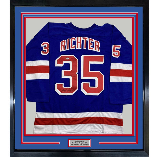 FRAMED Autographed/Signed MIKE RICHTER 35x39 New York Blue Jersey PSA COA