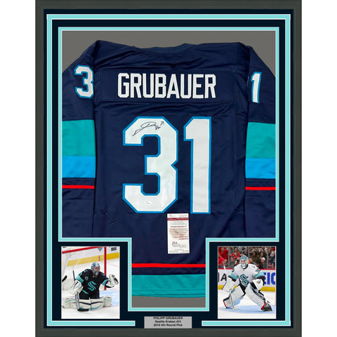 Framed Autographed/Signed Philipp Grubauer 33x42 Seattle Blue Jersey JSA COA