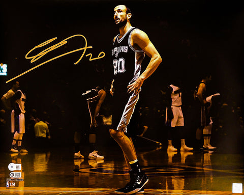 MANU GINOBILI AUTOGRAPHED 16X20 PHOTO SPURS SPOTLIGHT IN GOLD BECKETT 211901