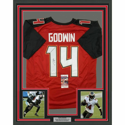 FRAMED Autographed/Signed CHRIS GODWIN 33x42 #14 Retro Red Jersey JSA COA
