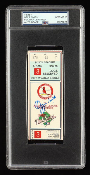 Ozzie Smith Signed 1987 Game 3 World Series Ticket (PSA 10) St. Louis Cardinals