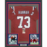 FRAMED Autographed/Signed JOHN HANNAH HOF 33x42 New England Red Jersey JSA COA