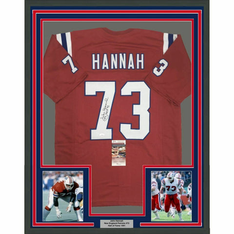 FRAMED Autographed/Signed JOHN HANNAH HOF 33x42 New England Red Jersey JSA COA