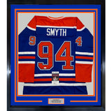 Framed Autographed/Signed Ryan Smyth 35x39 Edmonton Blue Jersey JSA COA