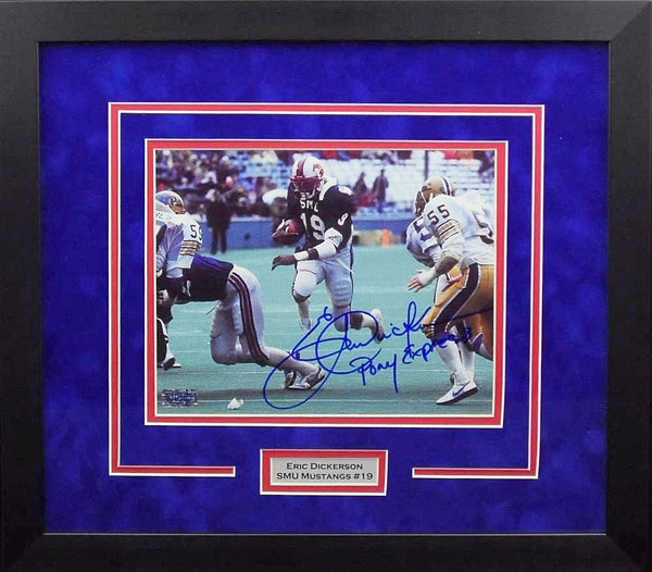 ERIC DICKERSON SIGNED SMU MUSTANGS 8x10 FRAMED PHOTO W/ PONY EXPRESS