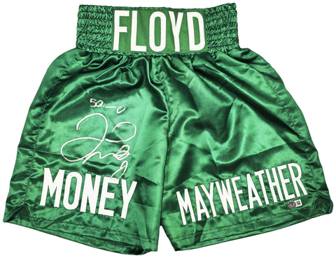FLOYD MAYWEATHER JR. AUTOGRAPHED GREEN BOXING TRUNKS 50-0 BECKETT WITNESS 221643