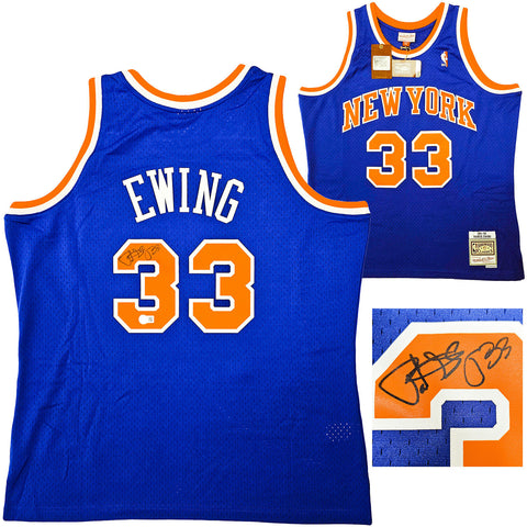 KNICKS PATRICK EWING AUTOGRAPHED BLUE M&N 1991-92 HWC JERSEY XL BECKETT 214819