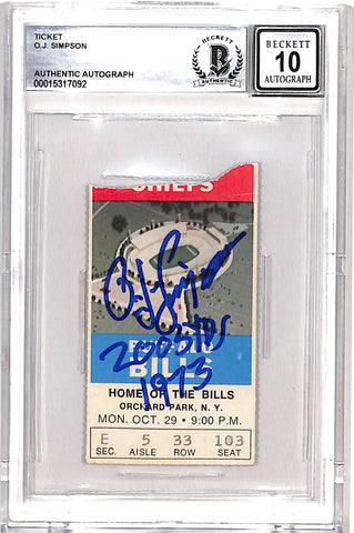OJ Simpson Signed 10/29/73 Ticket Stub Insc. Grade 10 Auto Beckett 42715