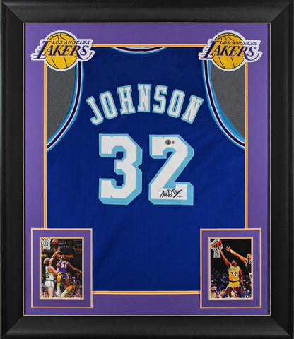 Magic Johnson Signed Blue Throwback Pro Style Framed Jersey BAS Witnessed 2
