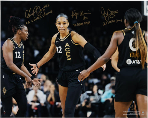 Wilson, Gray, & Young Aces WNBA Finals Champ Signed 16x20 Photo w/Inscs-LE 23