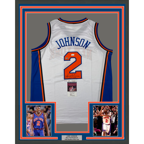Framed Autographed/Signed Larry Johnson 33x42 New York White Jersey JSA COA
