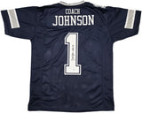 COWBOYS JIMMY JOHNSON AUTOGRAPHED BLUE JERSEY "HOF 20" BECKETT WITNESS 239849