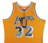 Lakers Magic Johnson Signed Yellow Diamond M&N 84-85 HWC Swingman Jersey BAS Wit
