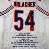 Autographed/Signed Brian Urlacher HOF 18 Chicago White Stat Jersey Beckett COA
