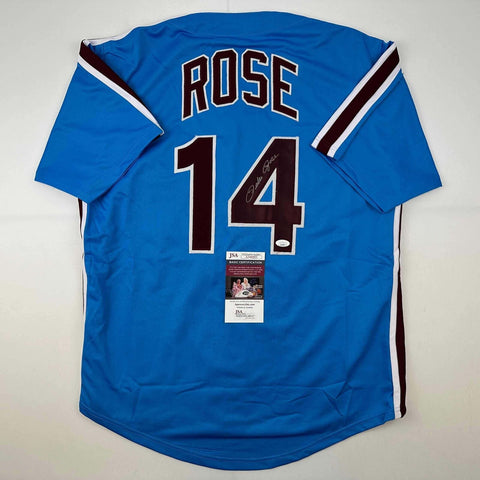 Autographed/Signed Pete Rose Philadelphia Retro Blue Baseball Jersey JSA COA