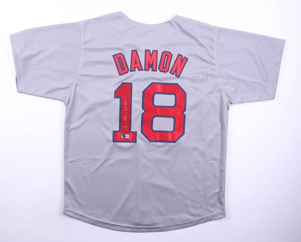 Johnny Damon Signed Boston Red Sox Gray Road Jersey (Beckett) 2004 Series Champ