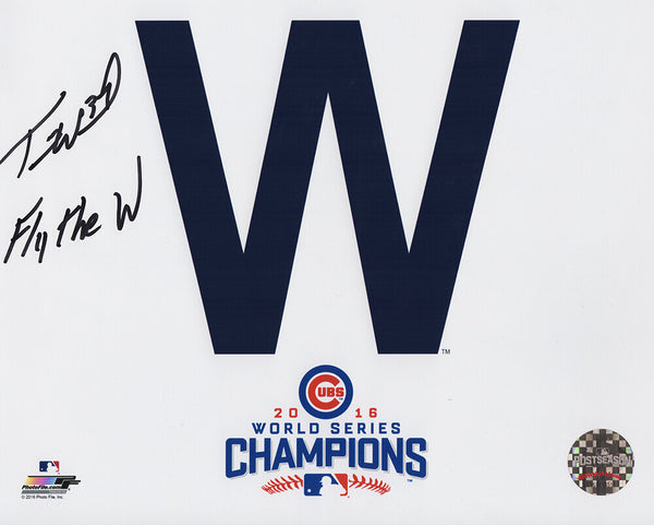 Travis Wood Signed Cubs 2016 WS Champs 'W' Flag 8x10 Photo w/Fly The W -(SS COA)