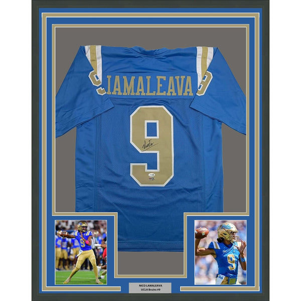 Framed Autographed/Signed Nico Iamaleava 35x39 UCLA Blue Jersey JSA COA