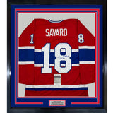 Framed Signed Serge Savard 35x39 HOF 86 Montreal Red Jersey JSA COA
