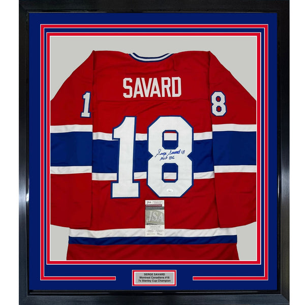Framed Signed Serge Savard 35x39 HOF 86 Montreal Red Jersey JSA COA