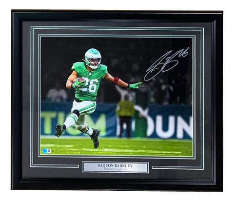 Saquon Barkley Signed Framed 16x20 Eagles Kelly Green Photo 2 BAS ITP