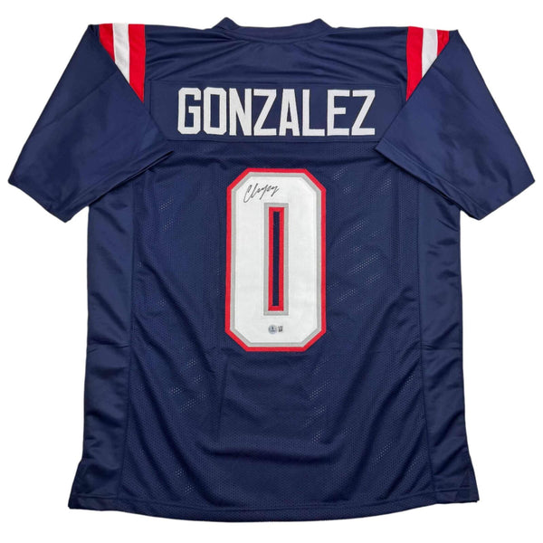 Autographed/Signed Christian Gonzalez New England Blue Football Jersey BAS COA