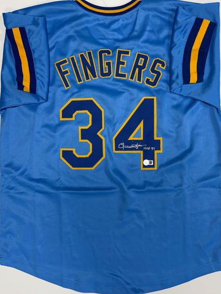 ROLLIE FINGERS Signed Custom Replica Brewers Blue Jersey AUTO w/ HOF '92 - BAS