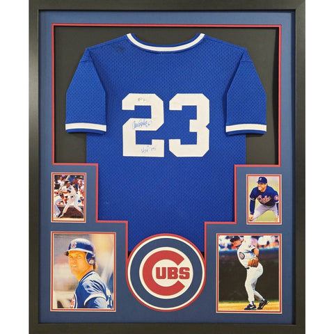 Ryne Sandberg Blue Autographed Signed Framed Stain Jersey BECKETT