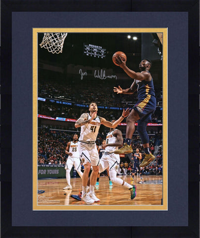 FRMD Zion Williamson Pelicans Signed 16x20 Navy Jersey Layup Vertical Photo
