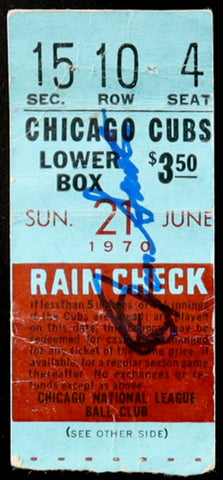 Ron Santo Signed June 21, 1970 Ticket Stub (JSA COA) Chicago Cubs vs Cardinals