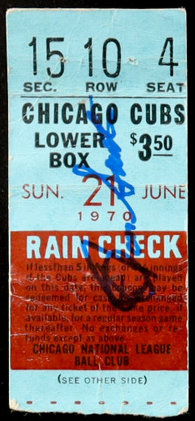 Ron Santo Signed June 21, 1970 Ticket Stub (JSA COA) Chicago Cubs vs Cardinals