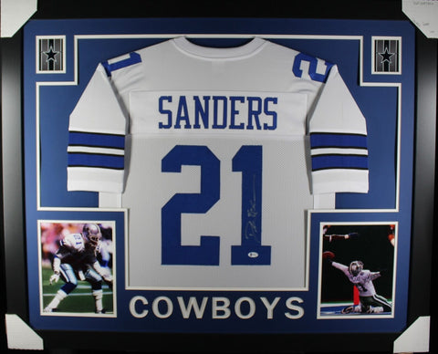 Deion Sanders Autographed/Signed Pro Style White Framed Jersey BAS 44599