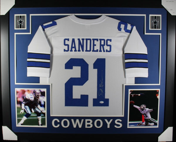 Deion Sanders Autographed/Signed Pro Style White Framed Jersey BAS 44599