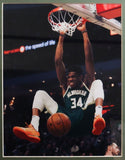 Giannis Antetokounmpo Signed 35"x43" Framed Milwaukee Bucks Jersey (JSA)